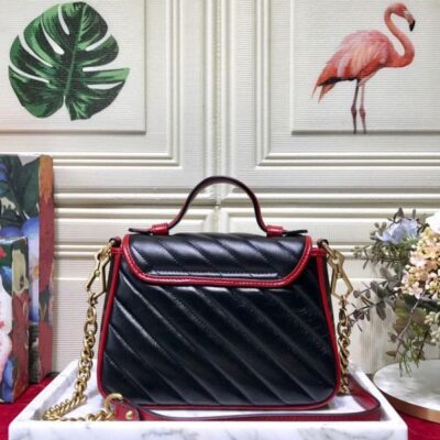 Gucci GG Marmont Double G Brass Buckle Single Top Handle Cerise Trim Female Black Quilted Leather Flap Mini Crossbody Bag