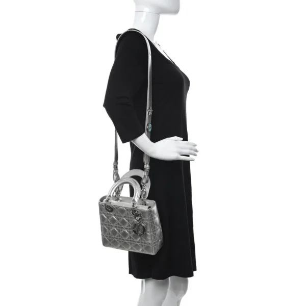 CHRISTIAN DIOR Metallic Grained Calfskin Cannage Small My Lady Dior Silver