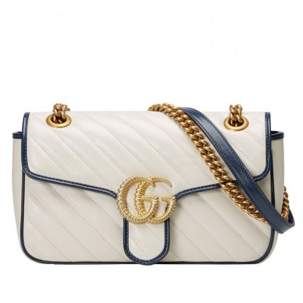 Gucci GG Marmont White Striped Quilted Leather Navy Trimming Brass Buckle & Shoulder Strap Women Cheapest Small Flap Crossbody Bag