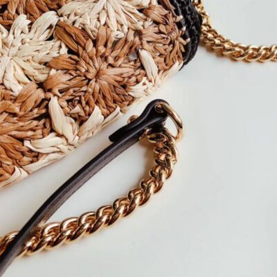 Gucci GG Marmont Crochet Flower Pattern Gold Logo Buckle Women Beige & Camel Viscose Raffia Flap Crossbody Bag