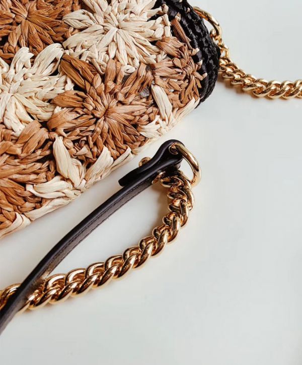 Gucci GG Marmont Crochet Flower Pattern Gold Logo Buckle Women Beige & Camel Viscose Raffia Flap Crossbody Bag