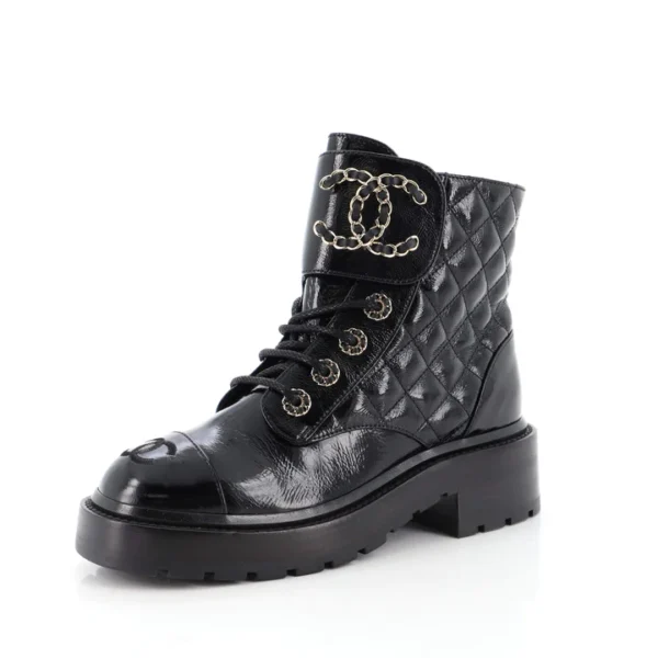 d776a3a99db047caa80326f2eeed2143 Chanel Women's Chain CC Cap Toe Lace Up Combat Boots Quilted Shiny Calfskin