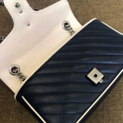 حقيبة نسائية غوتشي GG Marmont Diagonal Line Trimming Chian كتف بحزام Hot Selling بغطاء صغيرة من الجلد باللون الأزرق الداكن والأبيض والذهبي مبطنة
