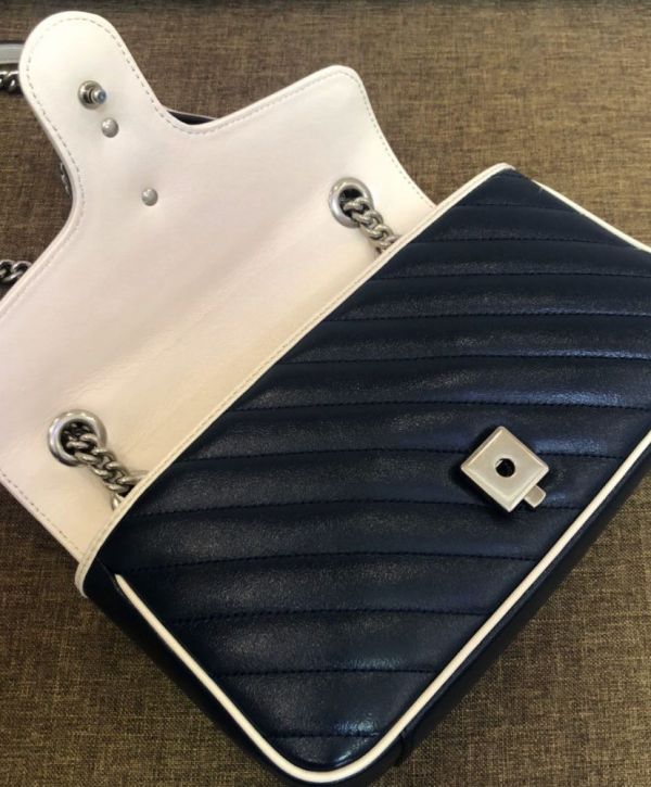 حقيبة نسائية غوتشي GG Marmont Diagonal Line Trimming Chian كتف بحزام Hot Selling بغطاء صغيرة من الجلد باللون الأزرق الداكن والأبيض والذهبي مبطنة
