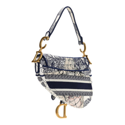 dad37ee8157a67042af6dc08eef429ed CHRISTIAN DIOR Canvas Embroidered Around the World Saddle Bag Blue