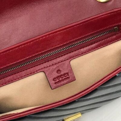 Gucci GG Marmont Red Trimming Twisted Brass Logo Buckle Chain Strap Women Diagonal Design Fashion Black Matelasse Leather Flap Bag
