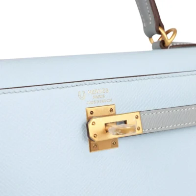 Hermès Special Order (HSS) Kelly Sellier 25 Bleu Brume and Bleu Glacier Epsom Brushed Gold Hardware