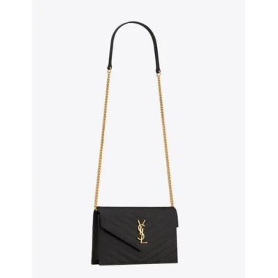 YSL Cassandre YSL Matelass Chain Wallet in Grain de Poudre Embossed Leather