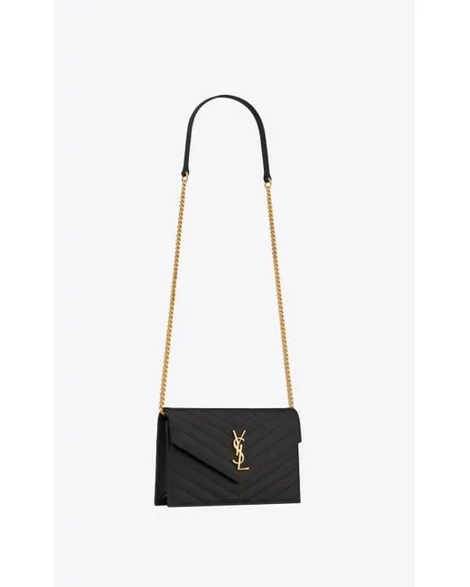 YSL Cassandre YSL Matelass Chain Wallet in Grain de Poudre Embossed Leather