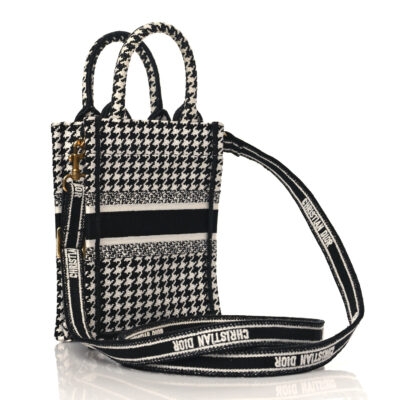 de1d693db6f1813b34443a9e341aa46b CHRISTIAN DIOR Canvas Houndstooth Embroidered Mini Book Tote Phone Bag Black White
