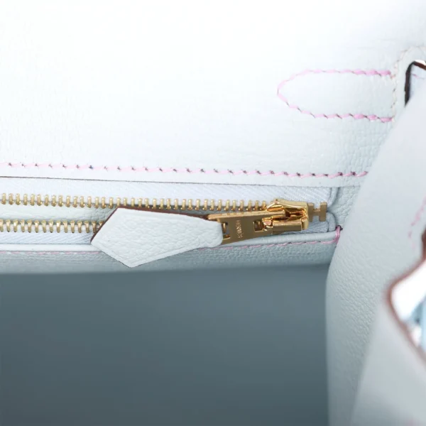 حقيبة هيرميس Special Order HSS Birkin Sellier 25 Mauve Sylvestre Brume مصقول من جلد إبسوم باللون الأزرق مع إكسسوارات معدنية ذهبية