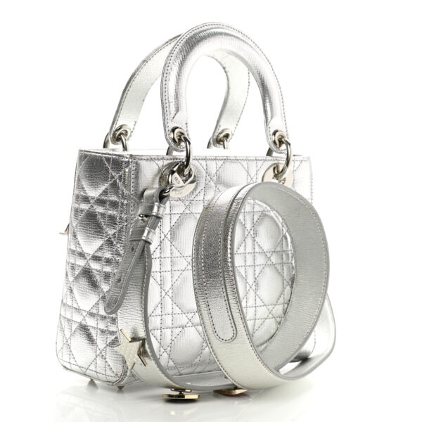 CHRISTIAN DIOR Metallic Grained Calfskin Cannage Small My Lady Dior Silver