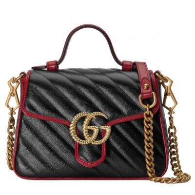 Gucci GG Marmont Double G Brass Buckle Single Top Handle Cerise Trim Female Black Quilted Leather Flap Mini Crossbody Bag
