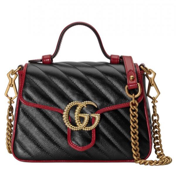 Gucci GG Marmont Double G Brass Buckle Single Top Handle Cerise Trim Female Black Quilted Leather Flap Mini Crossbody Bag