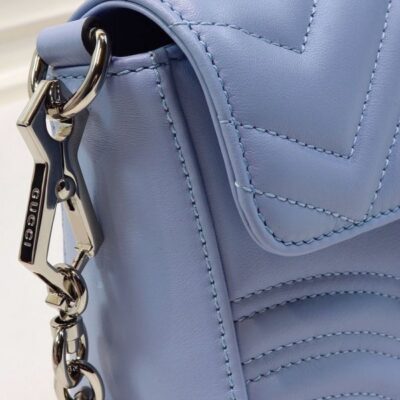 Gucci GG Marmont Mini Single Top Handle Shiny Silver GG Logo Buckle Waved Stripe Motif Light Blue Leather Shoulder Bag UK