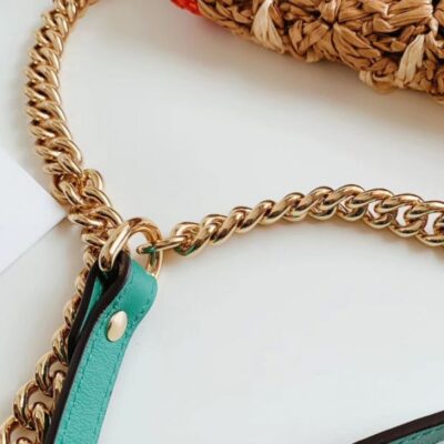 Gucci GG Marmont Red & Green Web Trimming Golden GG Logo Decoration Female Viscose Raffia Braided Flower Motif Chain Bag