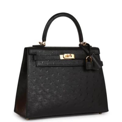 Hermès Kelly Sellier 25 Black Ostrich Gold Hardware
