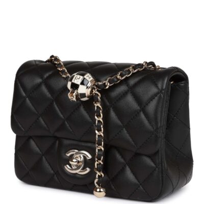 Chanel Pearl Crush Mini Square Flap Bag Black Lambskin Light Gold Hardware