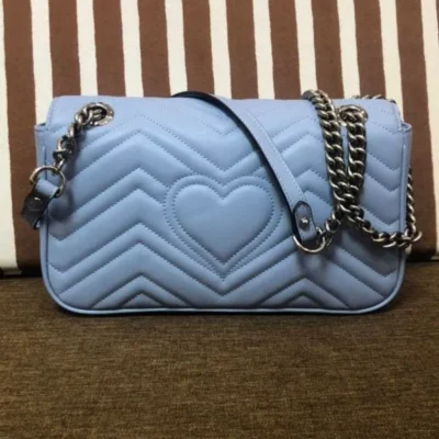 Gucci GG Marmont Silver GG Logo Buckle Chain Shoulder Strap Small Light Blue Quilted Leather Shoulder Bag For Ladies USA