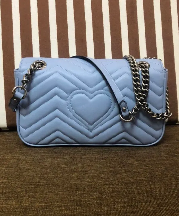 Gucci GG Marmont Silver GG Logo Buckle Chain Shoulder Strap Small Light Blue Quilted Leather Shoulder Bag For Ladies USA