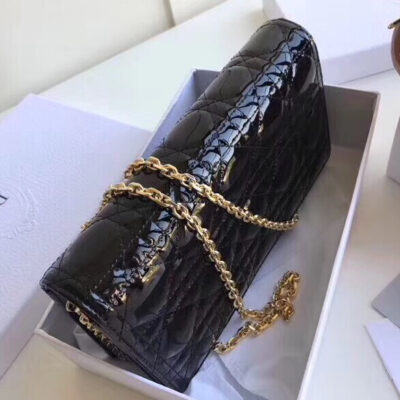 Dior Lady Dior Clutch With Chain In Black Patent