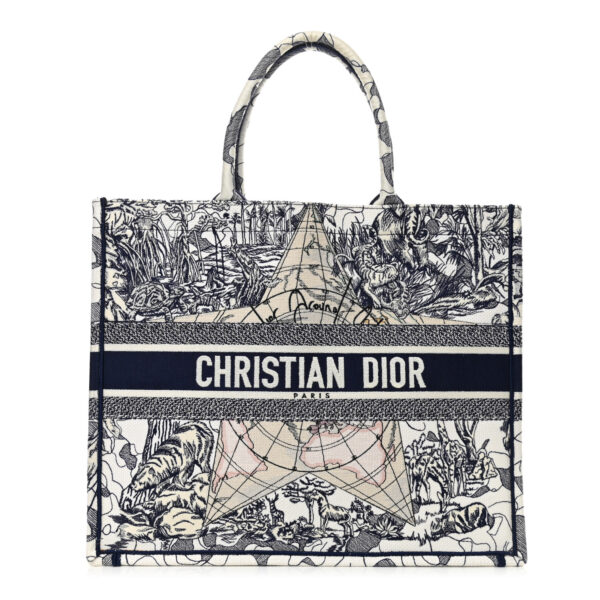CHRISTIAN DIOR Canvas Embroidered Large Around The World Book Tote Blue