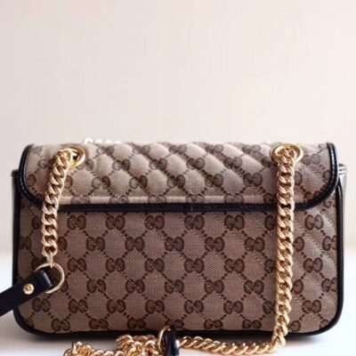 f2764c1124373f77c4b89b2750a8ce52 Gucci GG Marmont Logo Pattern Double G Magnetic Buckle Apricot Canvas & Black Leather Female Shiny Golden Chain Handbag 443497 HVKEG 9772