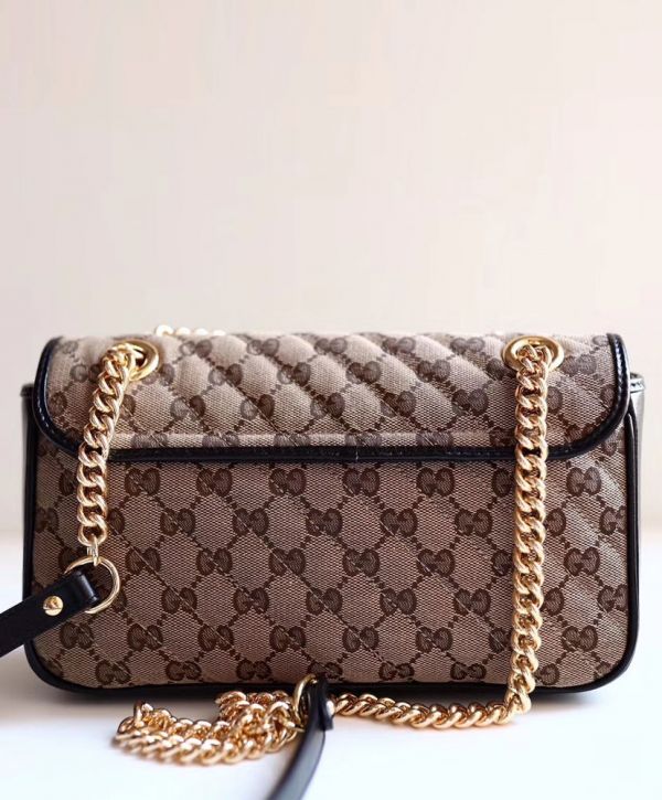 f2764c1124373f77c4b89b2750a8ce52 Gucci GG Marmont Logo Pattern Double G Magnetic Buckle Apricot Canvas & Black Leather Female Shiny Golden Chain Handbag 443497 HVKEG 9772