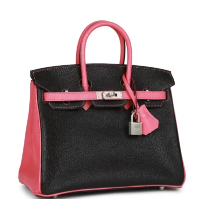 Hermès Special Order HSS Birkin 25 Rose Azalee Chèvre gebürstet Tasche in Schwarz mit Palladiumbeschläge