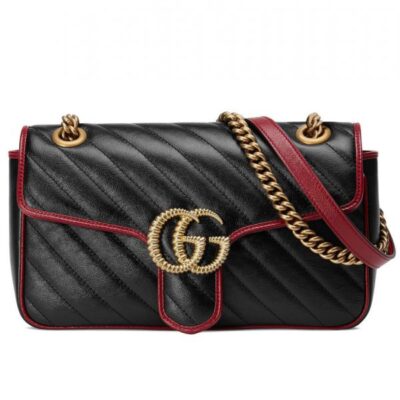 Gucci GG Marmont Red Trimming Twisted Brass Logo Buckle Chain Strap Women Diagonal Design Fashion Black Matelasse Leather Flap Bag