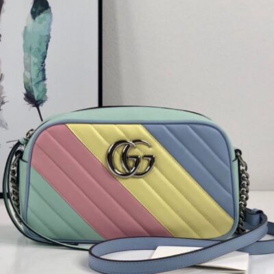 2022 New Gucci GG Marmont Silver Chian Strap Zipper Closure Double G Signature Women Colorful Diagonal Quilted Leather Crossbody Bag Small