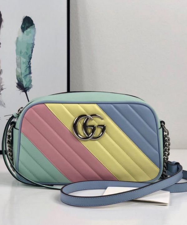 2022 New Gucci GG Marmont Silver Chian Strap Zipper Closure Double G Signature Women Colorful Diagonal Quilted Leather Crossbody Bag Small