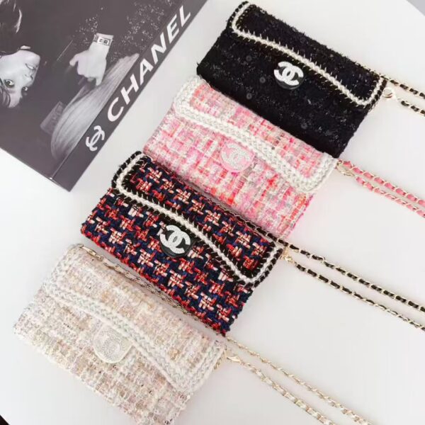 Chanel-Style Tweed Crossbody Phone Case Bag with Chain Strap
