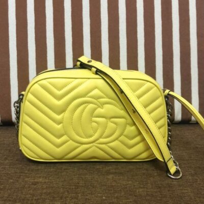 古驰 GG Marmont 人字纹 Design 标识标志性 Lemon 绗缝链条银色/黄色皮革小号女士单肩包