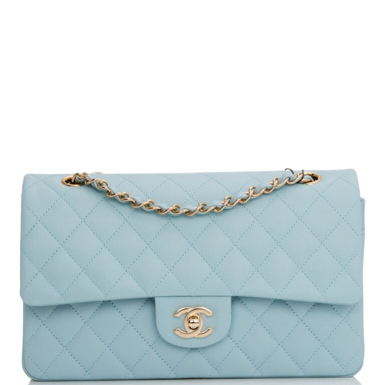 CHANEL Double Flap gesteppt Caviar Light Medium Tasche in Blau mit goldfarbenen Metallbeschlägen