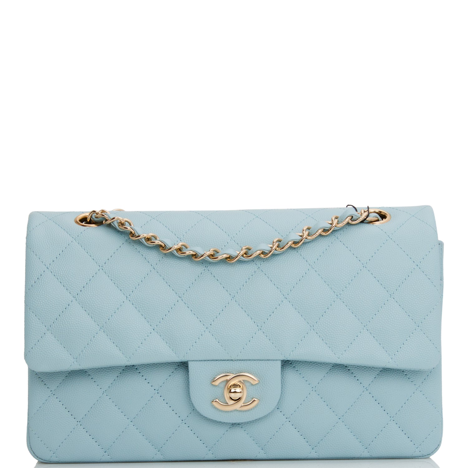 sac à double rabat CHANEL format moyen Classic bleu matelassé cuir caviar finitions dorées claires