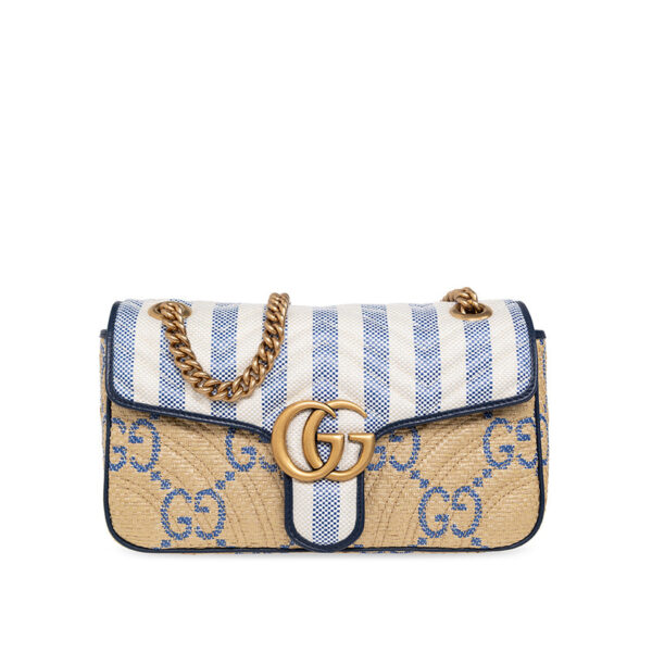 Gucci GG Marmont Matelasse Shoulder Bag in Beige and Blue Raffia Effect
