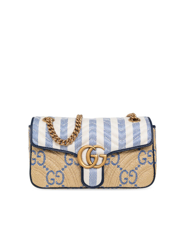Gucci GG Marmont Matelasse Shoulder Bag in Beige and Blue Raffia Effect
