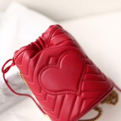 Gucci GG Marmont Double G Decoration Back Heart Detail Brass Strap Women Red Matelasse Chevron Leather Mini Buckle Bag