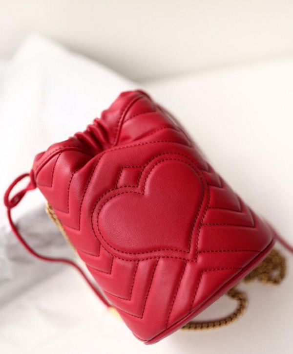 Gucci GG Marmont Double G Decoration Back Heart Detail Brass Strap Women Red Matelasse Chevron Leather Mini Buckle Bag