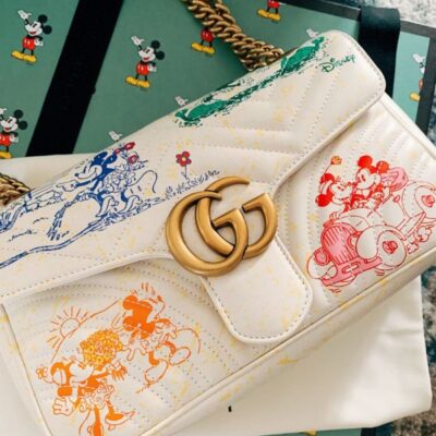 Gucci GG Marmont Disney x Colorful Mickey & Minnie Mouse Printing Brass Logo Buckle 2022 Female New Chain Flap Handbag Cream