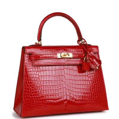 Hermès Kelly Sellier 25 Braise Shiny Porosus Crocodile Gold Hardware
