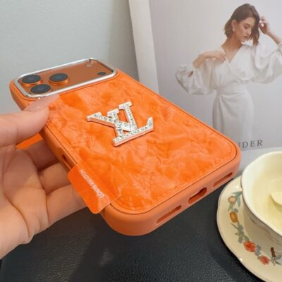 Premium Monogram Embossed Orange – Crystal Logo Edition For iPhone 12-18 Pro & Pro Max