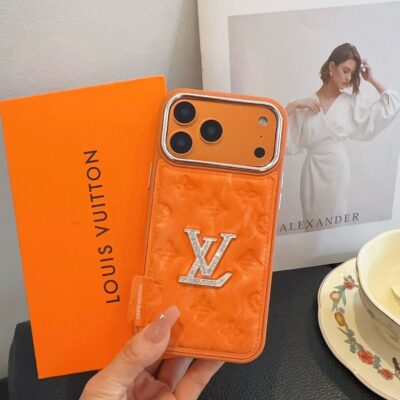 Premium Monogram Embossed Orange – Crystal Logo Edition For iPhone 12-18 Pro & Pro Max