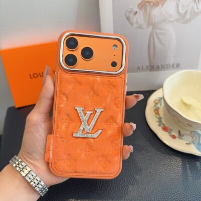 Premium Monogram Embossed Orange – Crystal Logo Edition For iPhone 12-18 Pro & Pro Max