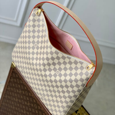 SLOUCHY PM 40 IN WHITE GREY CHECKERBOARD PATTERN DAMIER AZUR COATED CANVAS