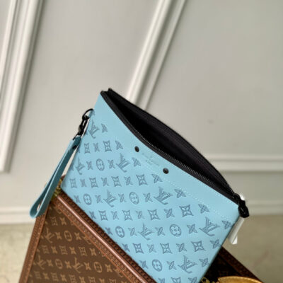 POCHETTE TO GO 30 IN SKY BLUE MONOGRAM SHADOW CALFSKIN EMBOSSED LOGO