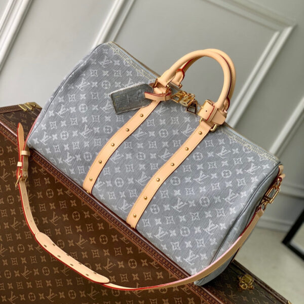 imgHD_4828b284_20250515_cmp_i1747293690898_5096_0_0_jpg KEEPALL BANDOULIÈRE 45 IN GREY MONOGRAM DENIM LIGHT BROWN CALFSKIN