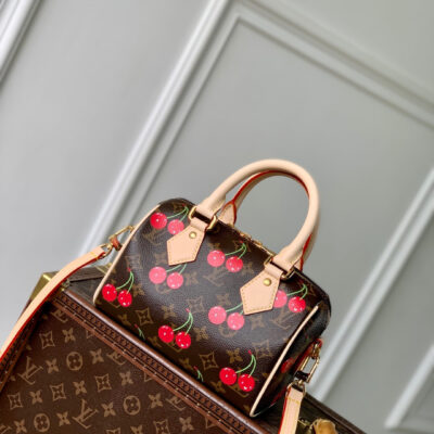 SPEEDY BANDOULIÈRE 20.5 BAG IN BROWN CANVAS CHERRY PRINTED