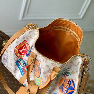 KEEPALL BANDOULIÈRE 45 IN WHITE MONOGRAM DUNE CANVAS AND CALFSKIN
